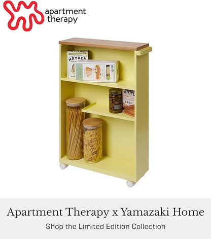 YAMAZAKI Home Slim Rolling Storage Cart – Narrow Bathroom Storage Cabinet with Handle, Slim Bathroom Storage Cart with Wheels, Easy Assembly, Steel + Wood, Yellow, 27" - Steel -