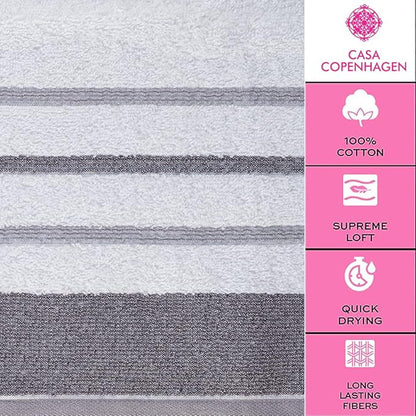 CASA COPENHAGEN White Bay, 6 Pieces Towel Set- White with Dark Grey and Light Grey Border, 600 GSM, 2Bath, 2Hand, 2Washcloths Egyptian Cotton Towel for Hotel Spa Kitchen Bathroom Kitchen & Shower