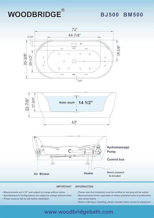 WOODBRIDGE 72" x 35-3/8" Whirlpool and Air Bath Heated Soaking Combination Tub with Adjustable Speed Air Blower and Display Control Panel, Matte Black Finish Trim and Drain Kit,BM-500