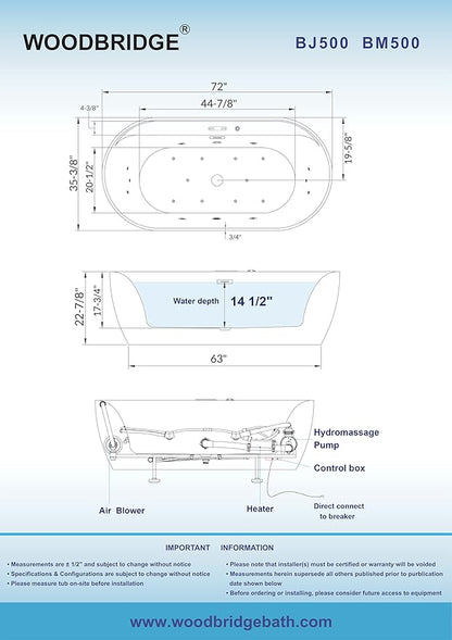 WOODBRIDGE 72" x 35-3/8" Whirlpool and Air Bath Heated Soaking Combination Tub with Adjustable Speed Air Blower and Display Control Panel, Matte Black Finish Trim and Drain Kit,BM-500