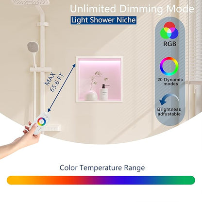 12X12 RGB Shower Niche, White Stainless Steel LED Recessed Storage, No Tile Needed Wall Niche for Bathroom Storage Built-in Installation