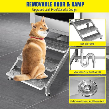 50" Stainless Steel Dog Washing Station, Pet Grooming Tub with Hot/Cold Faucet & Showerhead, Non-Slip Stairs for Small/Medium Dogs & Cats