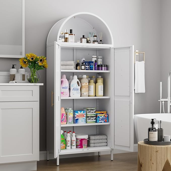Kitchen Pantry Cabinet, 67in Tall Arched Storage Cabinet with Doors and Shelves, White Freestanding Cupboard for Laundry, Dining Room, Living Room, Bathroom