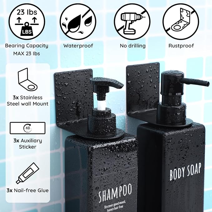 Segbeauty Stainless Adhesive Bottle Holder, 3Pcs Bathroom Bottle Dispenser Holder, Dia 1.1in 2.8cm Lotion Bottle Wall Mount, Rustproof Shampoo Bottle Holder Wall Hanging Rack for Kitchen Toilet Black