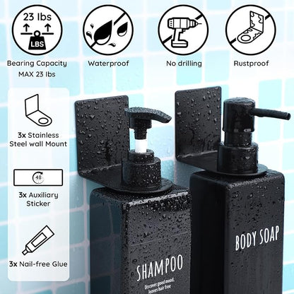 Segbeauty Stainless Adhesive Bottle Holder, 3Pcs Bathroom Bottle Dispenser Holder, Dia 1.1in 2.8cm Lotion Bottle Wall Mount, Rustproof Shampoo Bottle Holder Wall Hanging Rack for Kitchen Toilet Black