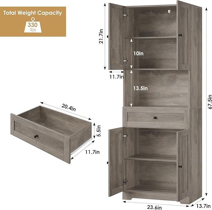 Tall Bathroom Storage Cabinets with Drawer, Farmhouse Linen Cabinet with Doors & Shelves, 67” Tall Storage Cabinet Freestanding for Bathroom, Dining Room, Kitchen, Pantry, Laundry, Narrow Corner,Brown