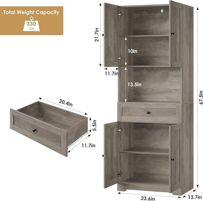 Tall Bathroom Storage Cabinets with Drawer, Farmhouse Linen Cabinet with Doors & Shelves, 67” Tall Storage Cabinet Freestanding for Bathroom, Dining Room, Kitchen, Pantry, Laundry, Narrow Corner,Brown