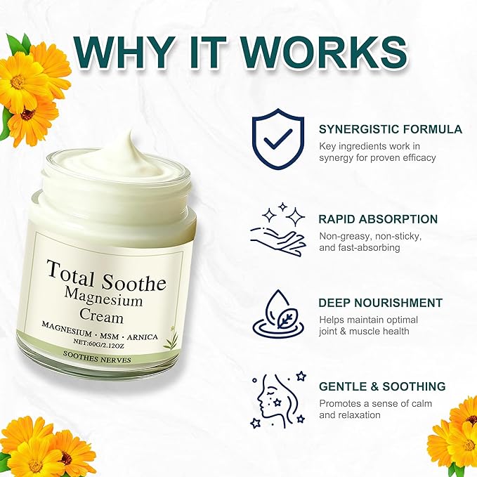 Total Relief Magnesium Cream, Magnesium Arnica Soothes Cream with Mineral Delivery Formula, MSM & Arnica Fast-Absorbing, Non-Greasy Joint Relief for Everyday Joint & Muscle Comfort (1 pcs)
