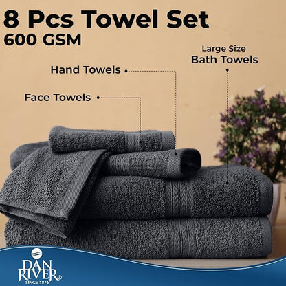DAN RIVER 8 PC Luxury Bath Towels for Bathroom, 2 Bath, 2 Hand, and 4 Wash Cloths, 600 GSM 100% Ring Spun Cotton Towel Set, Highly Absorbent, Gym, Hotel, and Spa, Dark Gray