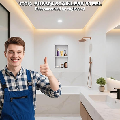 Real 304 Stainless Steel Shower Niche 12x24in-92° Quick Drain-No Tile Needed-2 Tier-Matte Recessed Wall Niche-Insert Shower Shelf-Built in Cabinet for Bathroom/Kitchen/Living Room/Study Storage