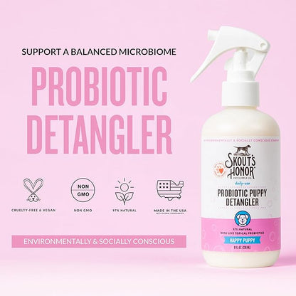 Skout's Honor Probiotic Pet Detangler Spray - Hydrating & Conditioning with Avocado Oil, 97% Natural, Paraben & Sulfate-Free, softens for a More brushable Coat, Daily Use, 8oz, Happy Puppy
