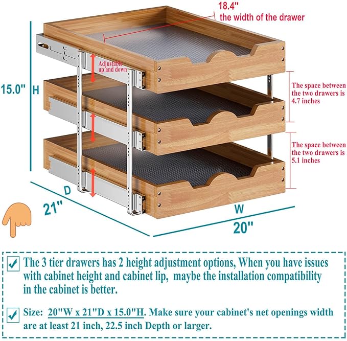 OCG Pull Out Cabinet Drawer 20" W x 21" D, 3 Tier Pull Out Cabinet Organizer, Heavy-Duty Slide Out Drawer for Cabinets, Organization for Kitchen, Pantry, Bathroom