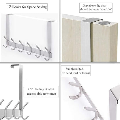 DOKU Over The Door Hooks, Stainless Steel Heavy Duty Over Door Hanger Holder for Coat Robe Hat Clothe Towels Hanging, Bathroom Organizer Towel Rack 12 Hooks, Brushed Nickel