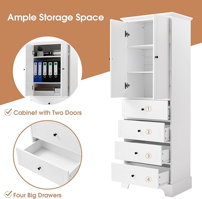 Favfurish 68" Tall Bathroom Storage Cabinet with Doors and 4 Drawers,Modern Linen Cabinets w/Adjustable Shelves & Anti-Tipping Device,Freestanding Organizer for Bath Room,Study,Office,Kitchen White