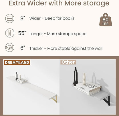 Dreamland 8 inch Deep Floating Shelves for Wall, 55 inch Long White Wall Mounted Shelves Set of 2, Wide Ledge Shelf with Gold Sturdy Metal Brackets for Living Room, Bathroom, Bedroom and Kitchen