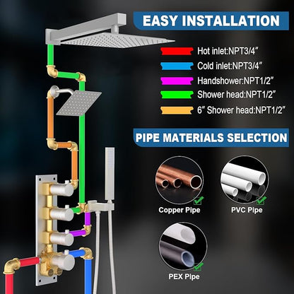 Enga Thermostatic Dual Shower System, 12"+6" Wall Mount Dual Rain Shower Faucet, All Functions Use Together & Volume Adjustable, Brushed Nickel