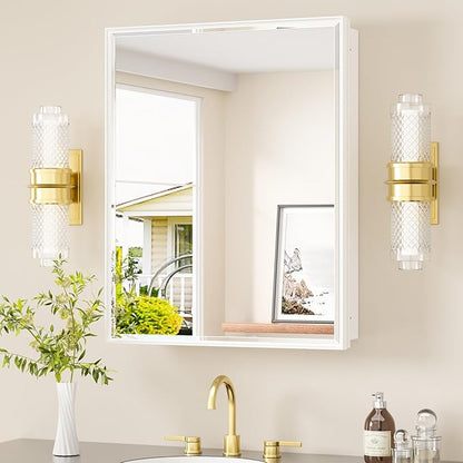 TETOTE White Medicine Cabinet Storage 24" x 30" Medicine Cabinet with Metal Beveled Framed Mirror Stepless Adjustable Shelves for Bathroom Vanity