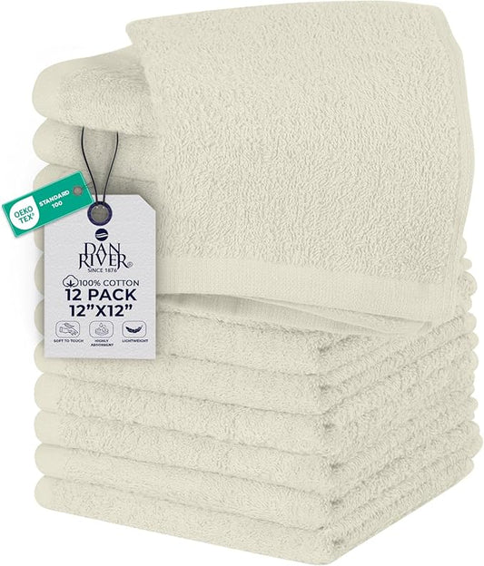 DAN RIVER 12 Pack Wash Cloths for Showering [12x12] - 100% Cotton Washcloths Premium Quality Flannel Face Cloths for Bathroom, Highly Absorbent and Soft Feel Wash Clothes, Ivory