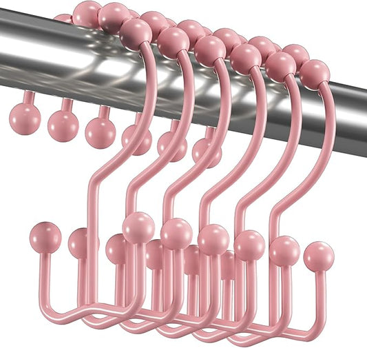 Titanker Shower Curtain Hooks Rings, Rust-Resistant Metal Double Glide Shower Hooks for Bathroom Shower Rods Curtains, Set of 12 Hooks - Light Pink