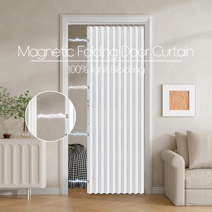 100% Blackout Fabric Folding Door Curtain with Magnetic Closure - Accordion Style for Sliding Doors, Closets,Wardrobe and Temporary Door Solutions Doorway Curtains（W42 x L78, White，1 Panel）