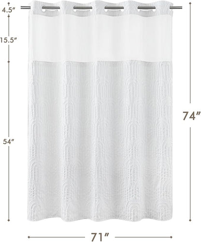 ROSERY No Hook Shower Curtain with Snap in Fabric Liner Set, Boho Farmhouse Jacquard Tufted Geometric Striped Shower Curtain for Bathroom with See Through Window, Arch Pattern, 71" W x 74" L