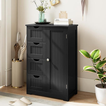 Tangkula Bathroom Floor Cabinet, Freestanding Storage Cabinet with 4 Drawers & Single Door, Adjustable Shelf, Multipurpose Bathroom Storage for Home Office, 21.5 x 12 x 32.5 Inches (Black)