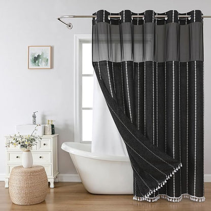 No Hook Long Shower Curtain Set with Snap-in Fabric Liner,Linen Textured Thick Striped Fabric with Tassels,Boho Farmhouse Rustic Luxury Bathroom Curtain,Water-Repellent,Black,71x80
