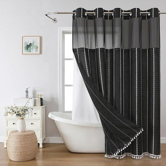 No Hook Long Shower Curtain Set with Snap-in Fabric Liner,Linen Textured Thick Striped Fabric with Tassels,Boho Farmhouse Rustic Luxury Bathroom Curtain,Water-Repellent,Black,71x80