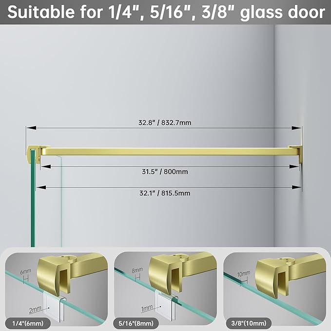 Frameless Shower Door Support Bar, Stainless Steel Wall-to-Glass Support Arm to Fixed Shower Glass Panel, for 1/4"-3/8" (6-10 mm) Door, 180° Pivot & Stow-Flat Mode (Brushed Gold, 31.5-inch(800mm))