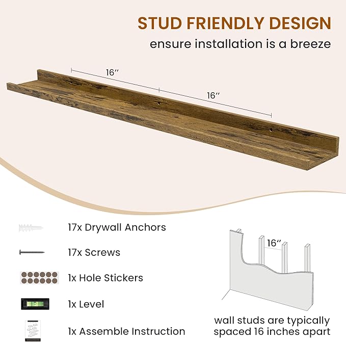 Axeman Picture Ledge Shelf, Floating Shelves for Wall Storage Set of 6, 48 inch Floating Wall Mounted Shelves, Shelves with Lip for Living Room, Bedroom, Nursery, Bathroom, Kitchen, Rustic Brown