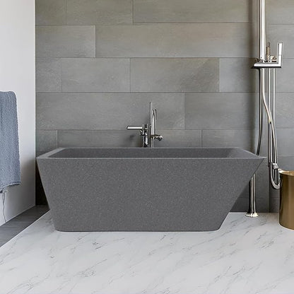 65'' Stone Resin Solid Surface Freestanding Bathtub, Terrazzo Bathtub Soaking Tub，Modern Elegant Design Soaking Stand Alone Tub, Matte Greyish stone, Drain and Overflow Included 009-1650