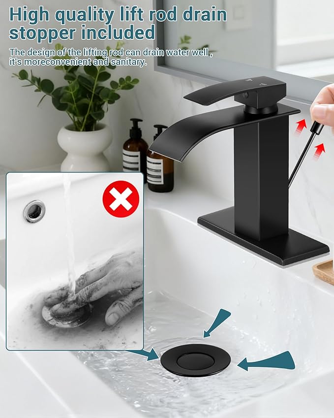 Bathroom Faucets with Lift Rod Drain Mater Black Waterfall Bathroom Sink Faucet Modern Single Handle Bathroom Faucet for 1 or 3 Hole Mxier Tap Washbasin Faucet with Deck