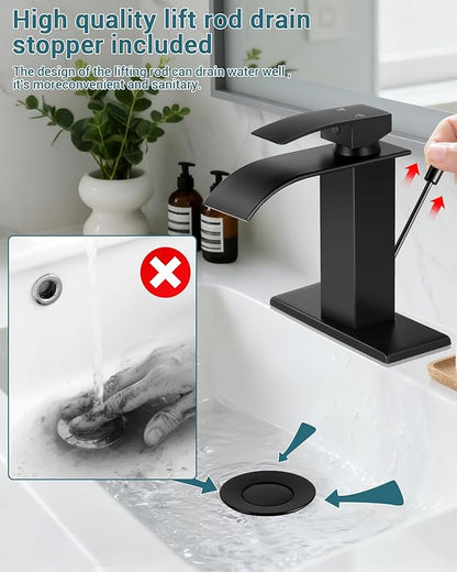 Bathroom Faucets with Lift Rod Drain Mater Black Waterfall Bathroom Sink Faucet Modern Single Handle Bathroom Faucet for 1 or 3 Hole Mxier Tap Washbasin Faucet with Deck