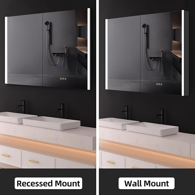 Medicine Cabinet with LED Lights and Mirror, 36 x 32 Inch Surface or Recessed Mounted Bathroom Cabinets with Door, Defogger, Memory Function, 3-Color Mode, Outlet&USB, Dimmer, Storage Shelf