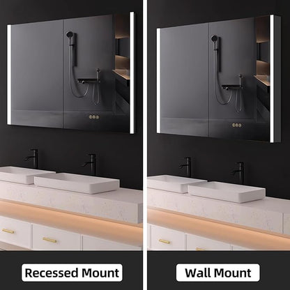 Medicine Cabinet with LED Lights and Mirror, 48 x 32 Inch Surface or Recessed Mounted Bathroom Cabinets with Door, Defogger, Memory Function, 3-Color Mode, Outlet&USB, Dimmer, Storage Shelf