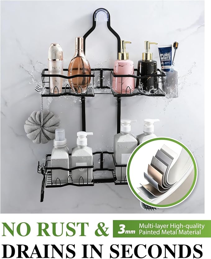 Shower Caddy Hanging, Rustproof Shower Organizer Over Showerhead with Hooks for Razor & Sponge, Bathroom Storage Rack with Soap Holder for Shampoo