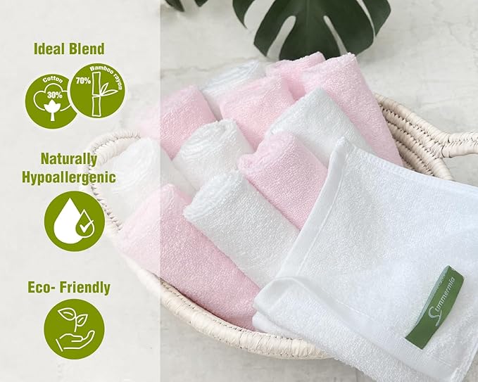 Washcloths 12 Pack 13" x 13" - Soft Wash Cloths for Your Face Towel, Wash Cloths for Your Body (White+Pink)