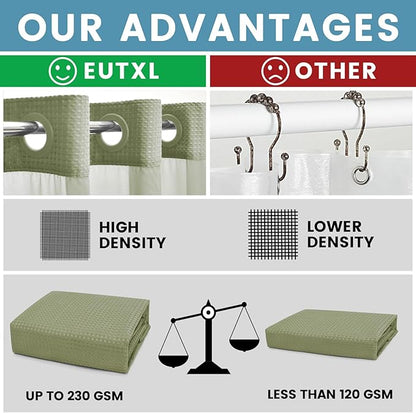 Sage Green Hotel Shower Curtain - 230GSM Waffle Textured Heavy Duty Thick Fabric Shower Curtains for Bathroom,71W x 74H