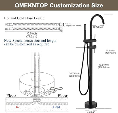 Freestanding Bathtub Faucet, Matte Black Floor Mount Tub Filler, Modern Freestanding Tub Faucet with 360 Swivel Gooseneck Spout and Handheld Shower, Standing Tub Faucet for Bathroom