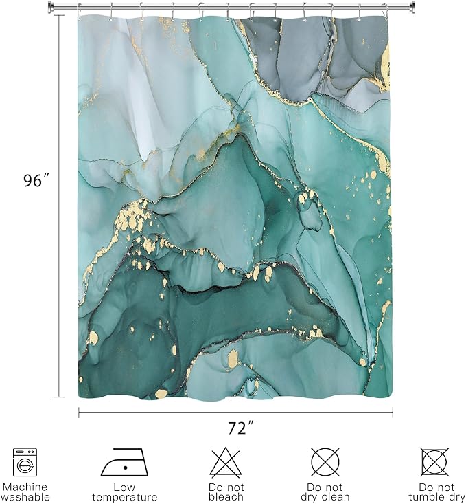 Extra Long Shower Curtain 72 x 96 Inch, Turquoise Floor to Ceiling X-Long Abstract Marble Shower Curtains for Bathroom, Modern Luxury Art Ink Fabric Shower Curtain Set with Hooks