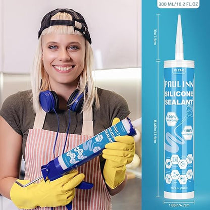 PAULINN Silicone Sealant, 100% Silicone Caulk Clear Waterproof for RV, Kitchen, Bath, General Use, Window, Door, Glass, Marine, 10.2 Oz, 4 Packs