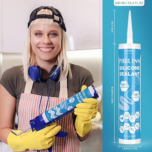 PAULINN Silicone Sealant, 100% Silicone Caulk Clear Waterproof for RV, Kitchen, Bath, General Use, Window, Door, Glass, Marine, 10.2 Oz, 1 Pack