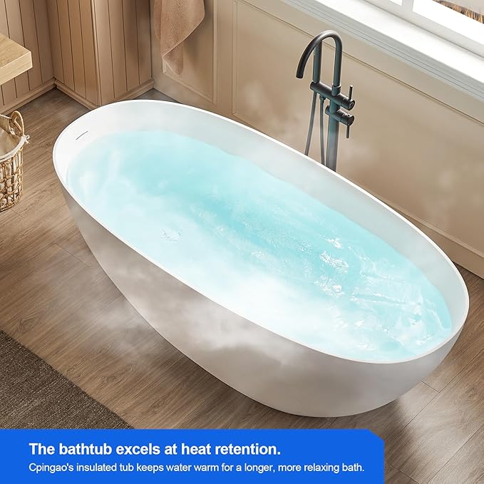 Cpingao 55" Stone Resin Freestanding Bathtub, Oval Contemporary Soaking Tubs, Solid Surface Stand Alone Tub with Drain & Integrated Slotted Overflow Matte White 8845-1400