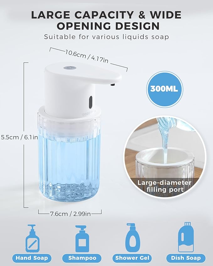 Automatic Liquid Soap Dispenser Touchless, 10oz/300ml Rechargeable, 3 Adjustable Liquid Levels, IPX5 Waterproof, for Kitchen Bathroom, White