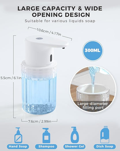 Automatic Liquid Soap Dispenser Touchless, 10oz/300ml Rechargeable, 3 Adjustable Liquid Levels, IPX5 Waterproof, for Kitchen Bathroom, White