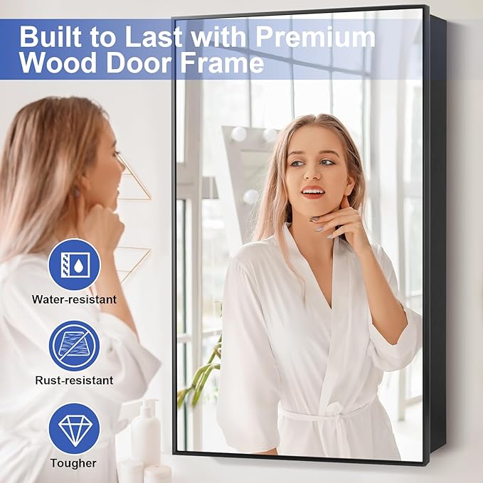 Black Bathroom Medicine Cabinet with Mirror, 17x30 Inch Rectangle Wall-Mounted Bathroom Mirror with Storage & Adjustable Tempered Glass Shelves for Bathroom Vanity, Over Sink