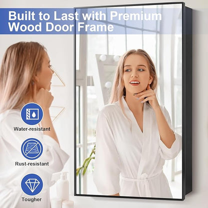 Black Bathroom Medicine Cabinet with Mirror, 17x30 Inch Rectangle Wall-Mounted Bathroom Mirror with Storage & Adjustable Tempered Glass Shelves for Bathroom Vanity, Over Sink