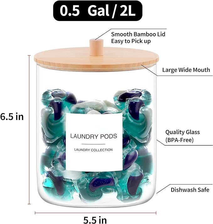 TIPGO Glass Jars for Laundry Room Organization, Laundry Pods Container with 27 Labels, Detergent Holder with Bamboo Lid, Cute Storage Jars (Set of 1)