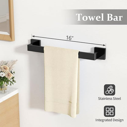 Matte Black Bathroom Accessories Hardware Set 5-Piece, Stainless Steel Towel Racks for Bathroom, 16 Inch Bath Towel Bar Set Wall Mounted