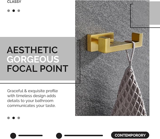Angle Simple Towel Hook for Bathroom, SUS 304 Stainless Steel Hand Towel Holder, Double Robe Coat Hook for Wall, Brassy Gold